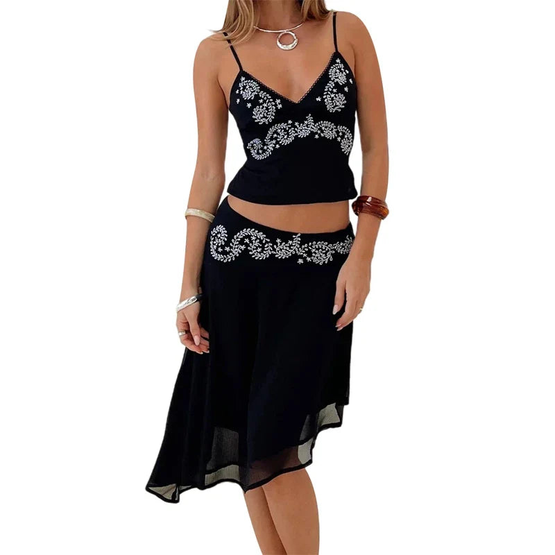 Printed V-Neck Cami & Skirt Set â€?Ruffle Midi Look