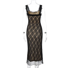 Black Lace Layered Midi Dress