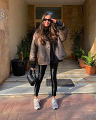 Brown Faux Leather Black Lining Fur Jacket