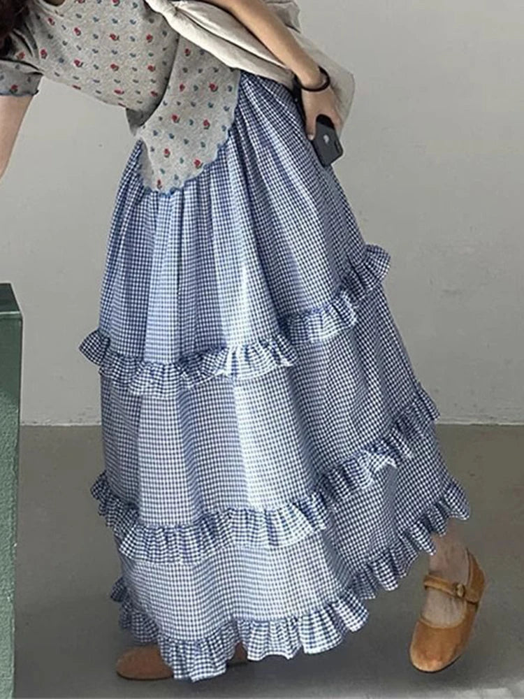 Blue Ruffles Plaid Long Skirt - Preppy A-Line