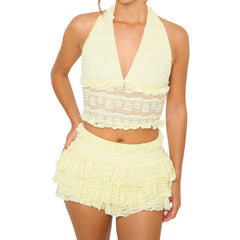 Lace Tie-up Halter Open Back Cami Tops And Mini Layered Skirt Set