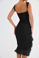 Black Sleeveless Backless Ruffle Midi Dress