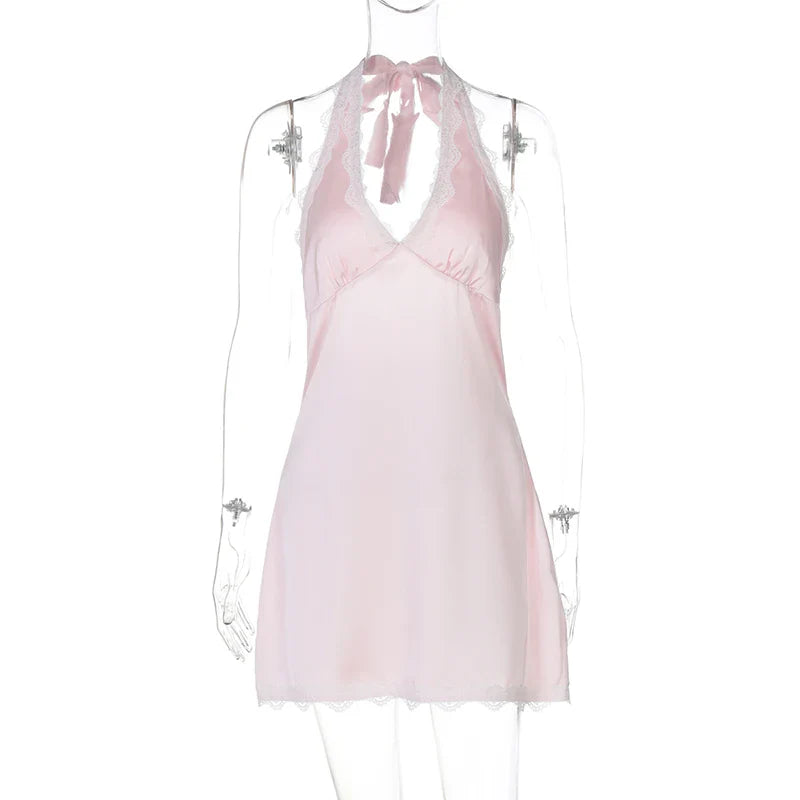 Halter Trim V-Neck Mini Satin Dress
