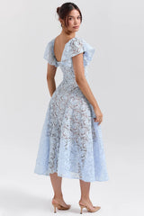 Blue Lace Flare Sleeve Midi Dress