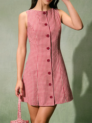 Red Plaid Buttoned Tank Mini Dress