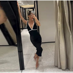 Black Contrasting V-neck Knitted Long Dress