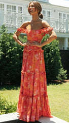 Flowers Print Off Shoulder Long Dress