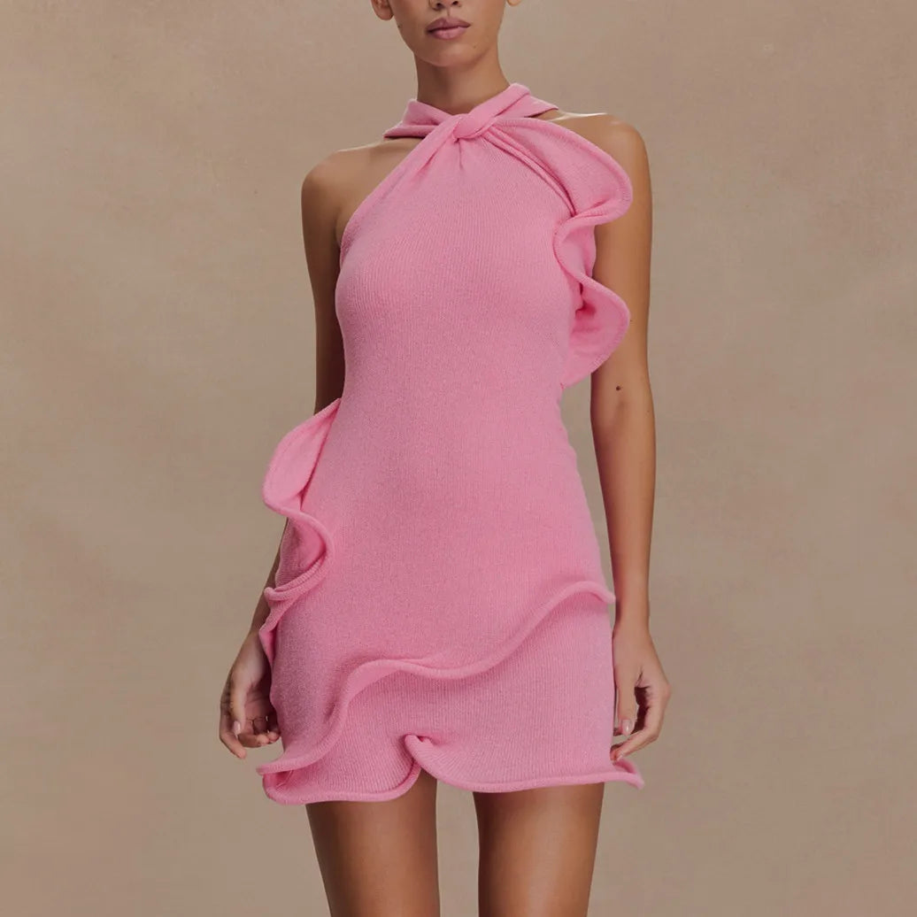 Knitted Halter Ruffle Trim Mini Dress