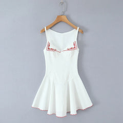 White Embroidery Red Flower Lapel V neck Mini Dress