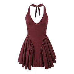 Deep Halter Neck Side Flare Mini Dress