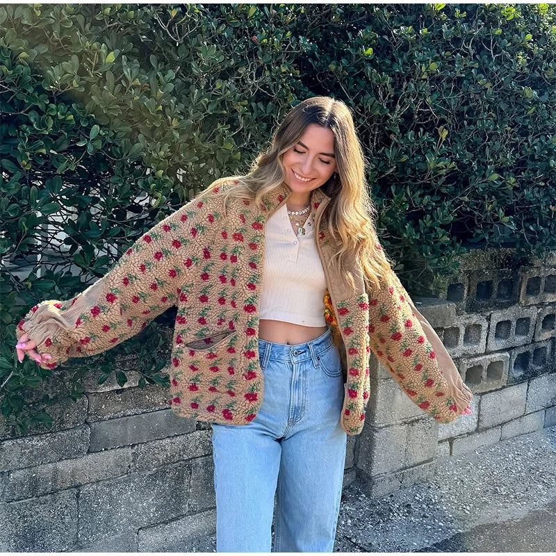 Printed Plush Zipper Short Jacket