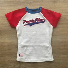 Puerto Rico Letter Graphic Short-sleeved Top - Casual Regular Fi