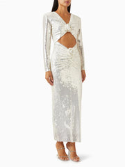 White Sequin Long Sleeve Flower Maxi Dress