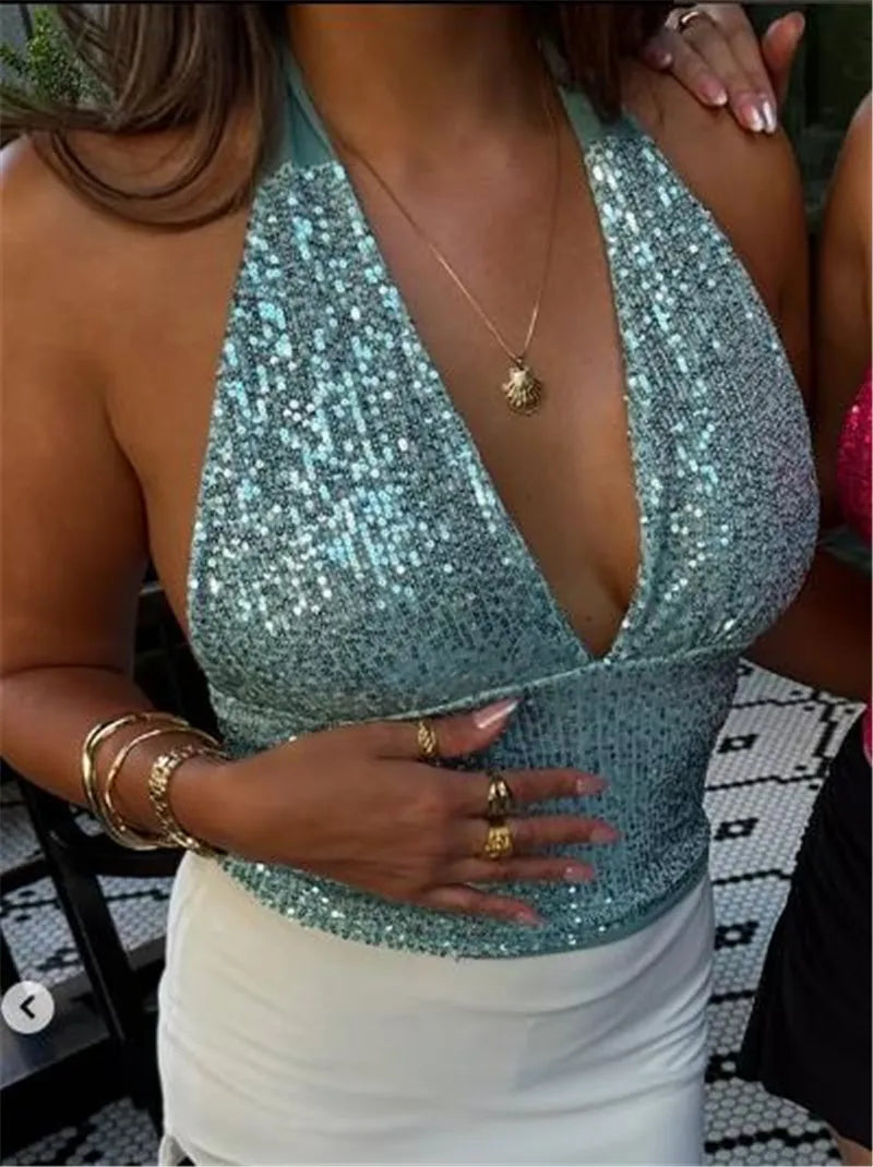 Sequin Halter Tie Up Crop Top