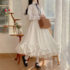 Ruffles Lace Trim Bow Maxi Skirt - Preppy A-Line
