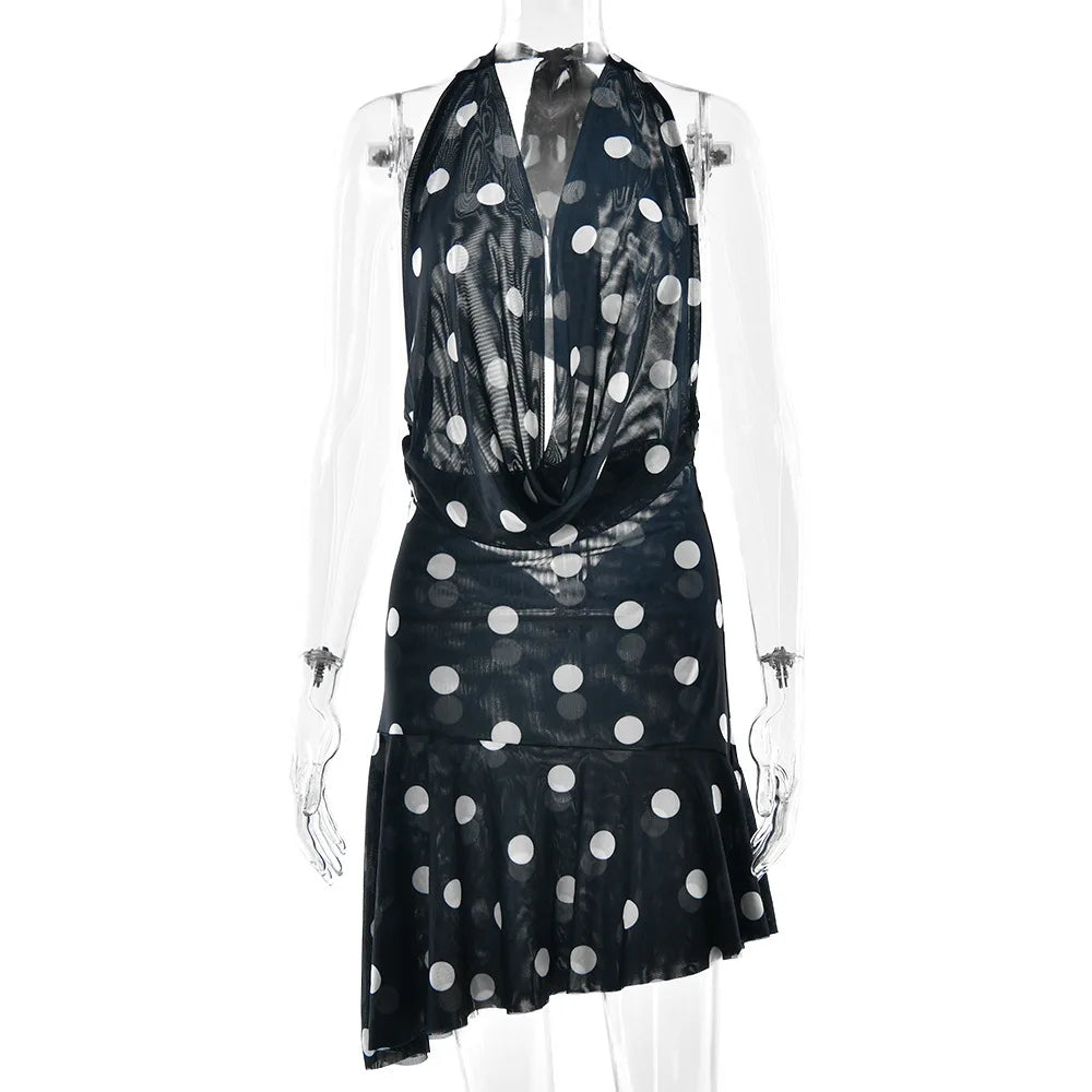 Blue Deep Halter Neck Polka Dot Mini Dress