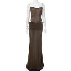 Brown Mesh Corset Bodysuit And Maxi Skirt Set