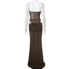 Brown Mesh Corset Bodysuit And Maxi Skirt Set