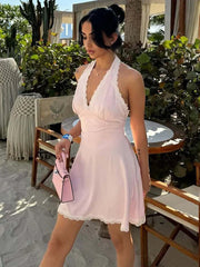 Halter Trim V-Neck Mini Satin Dress