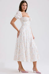 Puff Sleeves Floral Printed Midi Dress