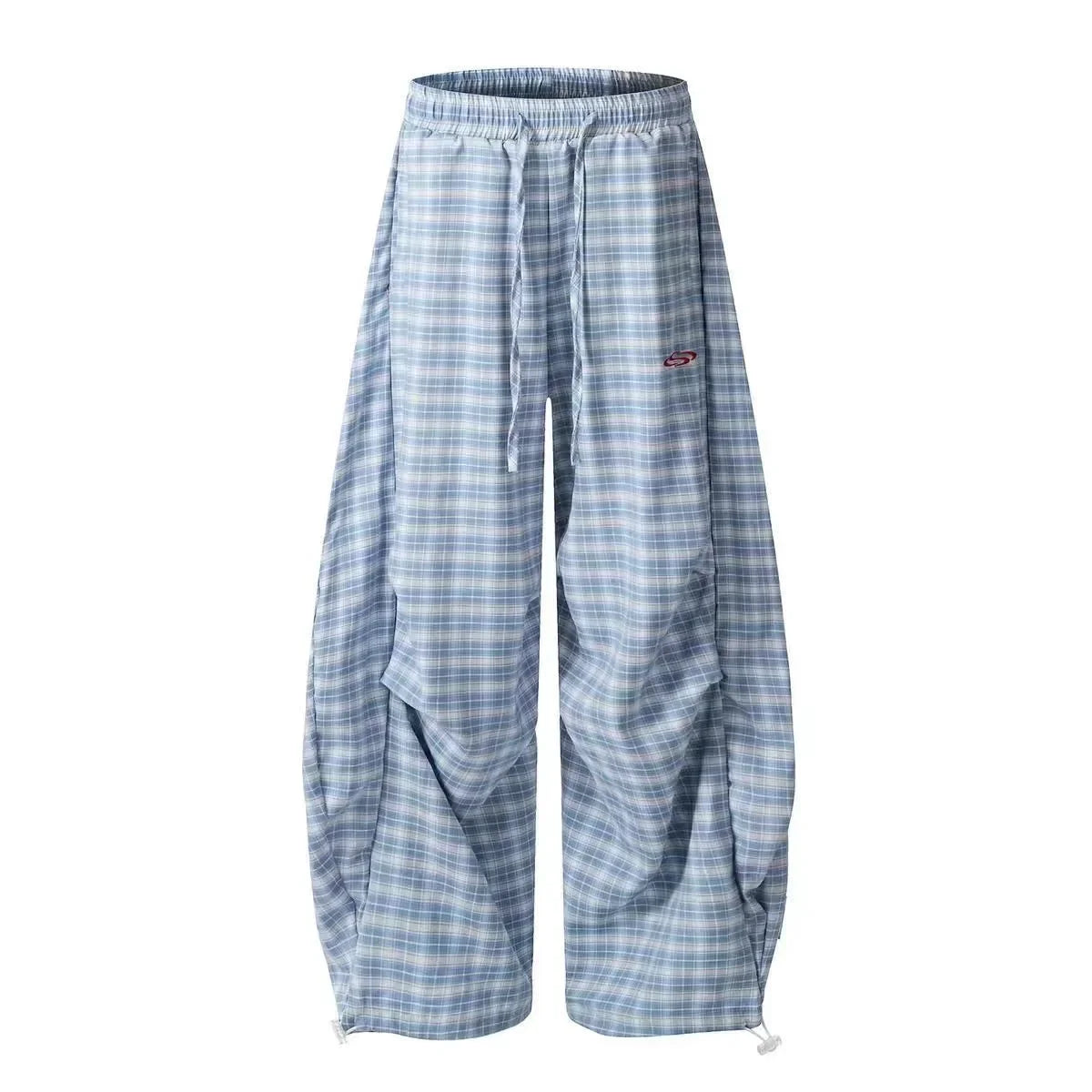 Blue Plaid High Waist Wide Leg Baggy Sweatpants