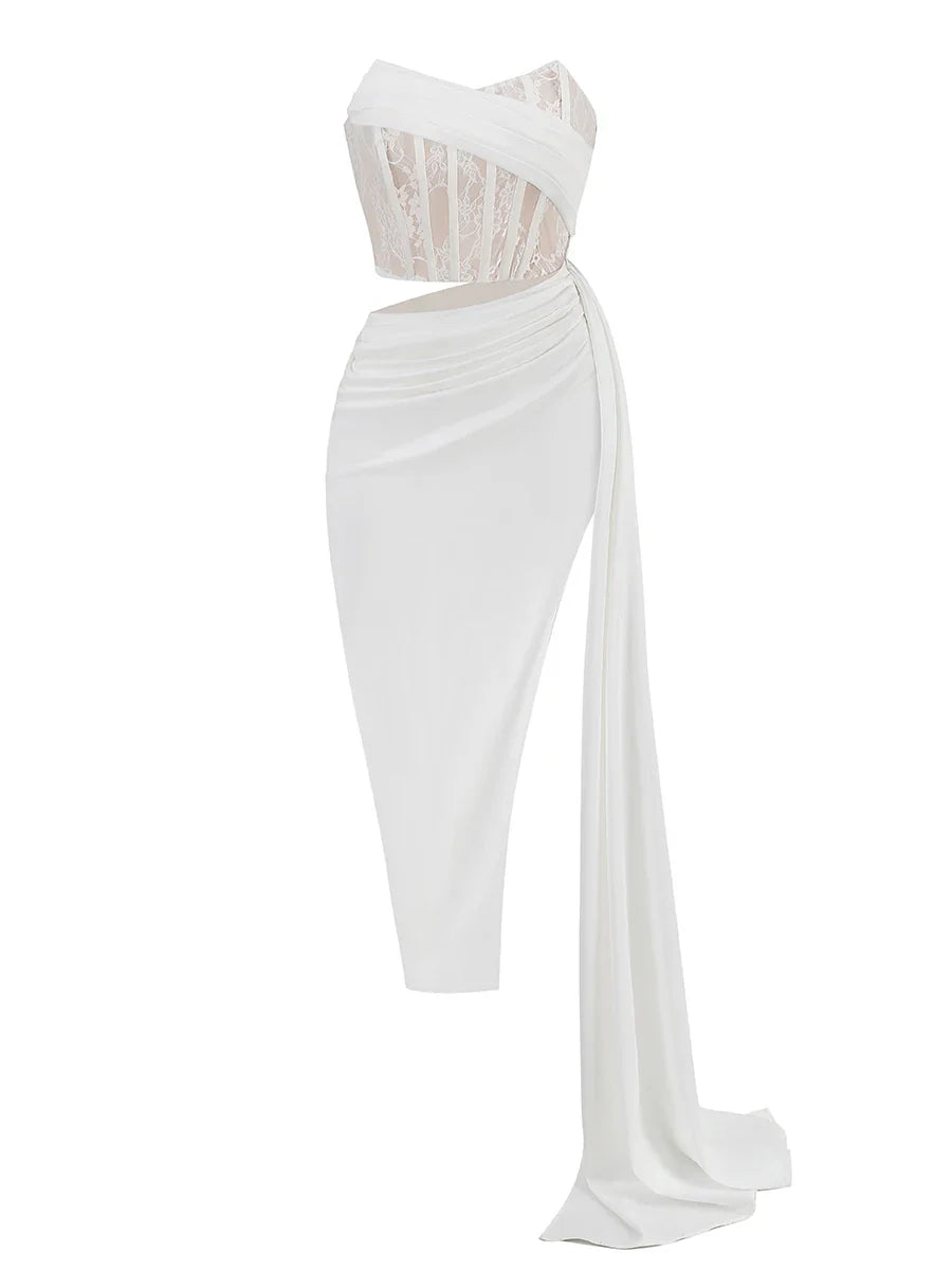 Lace Corset Cut Out Satin Draped Gloves Midi Dress