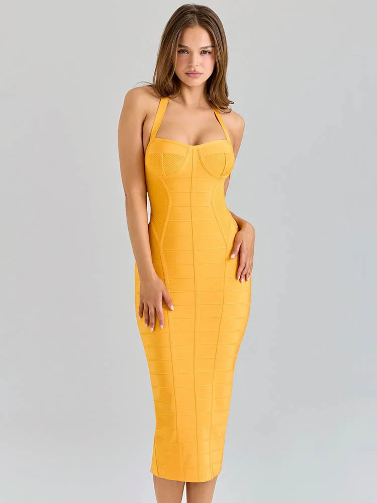 Orange Bandage Halter Midi Dress