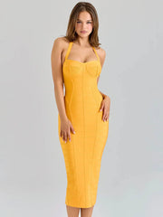 Orange Bandage Halter Midi Dress