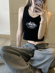 Black Plaid Drawstring Wide Leg Palazzo Pants