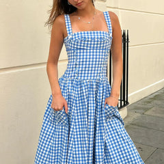 Blue Plaid Ribbon Lace Up Strap Midi Dress