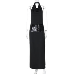 Black Halter Backless Sequin Patchwork Maxi Dress