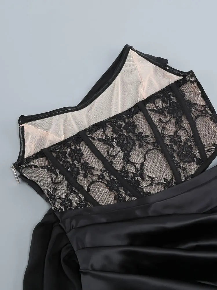 Lace Corset Cut Out Satin Draped Gloves Midi Dress