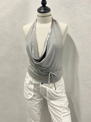 Cowl Tie Up Sequin Trim Top