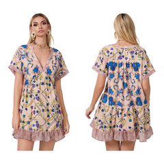 Floral Print Short Sleeve V-Neck Ruffled Hem Loose Mini Dress with Pockets
