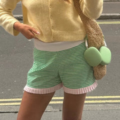 Charming Vintage Plaid Shorts - High Waist & Ruffled Hem