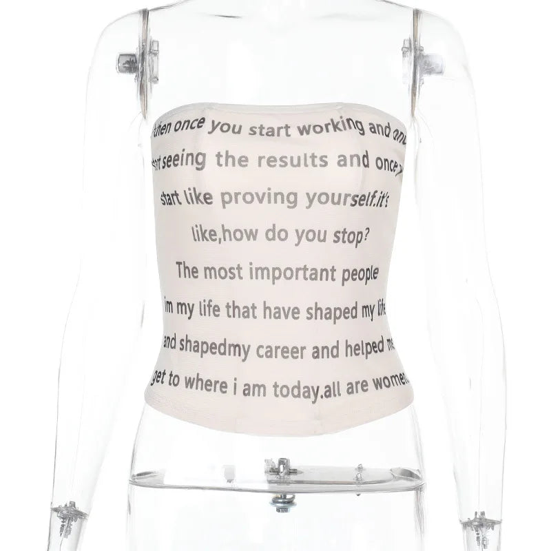 Letter Printed Mesh Strapless Crop Top - High Stretch Tank