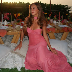 Pink Strapless Sheer Halter Long Dress
