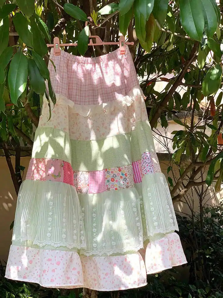 Pastel Colourful Patchwork Maxi Skirt - Office Lady A-Line