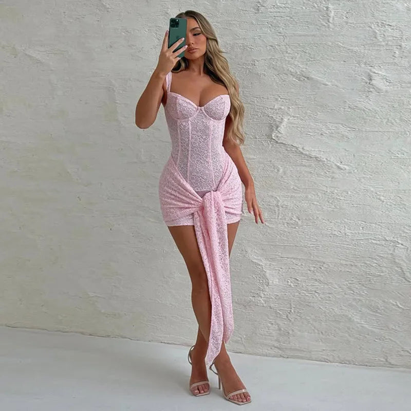 Lace Sheer Bandage Tie Up Mini Dress