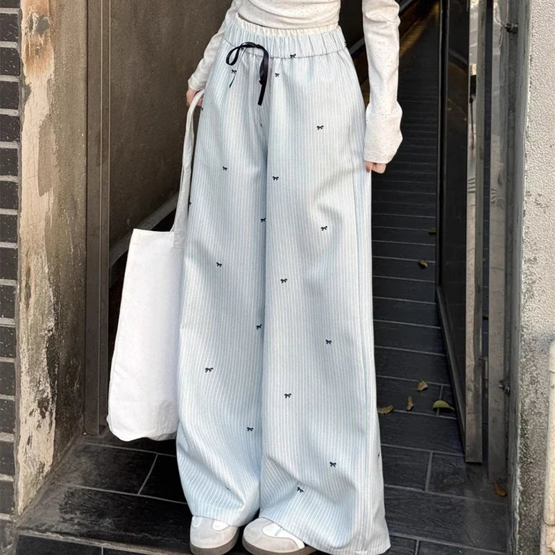 Blue Bow Striped Drawstring Track Pants