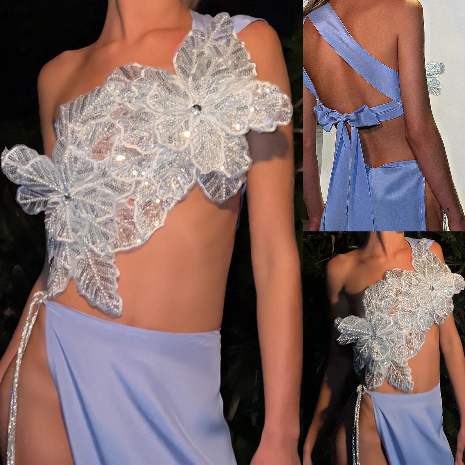 3D Layered Flower Rhinestone Bra Bow Tied  Top
