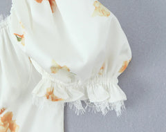 White Floral Puff Sleeve Mini Dress