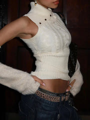 Knit Turtleneck Buttoned Tank Top With Removable Sleeve