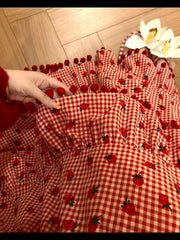 Red Strawberry Print Tassel Long Skirt - Sweet Ball Gown A-Line