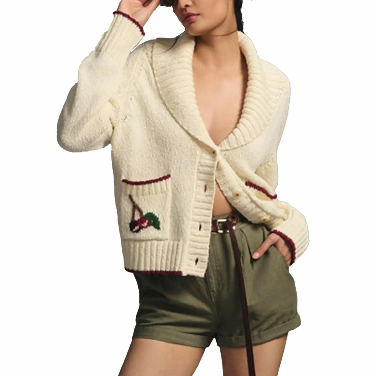 Button-up Lapel Cherry Pattern Cardigan