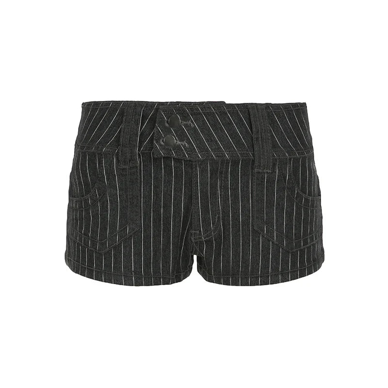 Grey Striped Denim Low-Waisted Shorts
