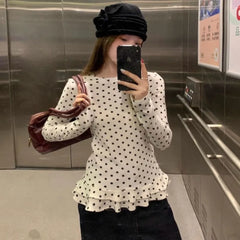 Polka Dot Ruffle Trim Long Sleeve T-Shirt
