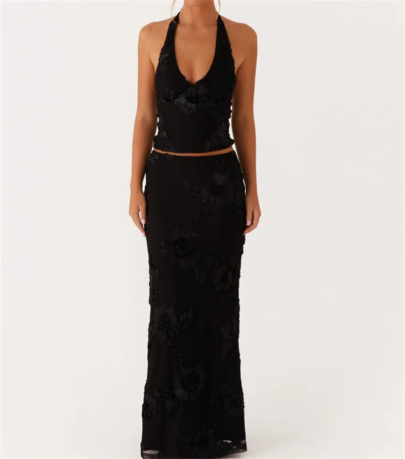 Floral Embroidered Maxi Skirt And Halter Crop Top Set