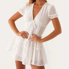 White V-neck Tie Up Mini Dress