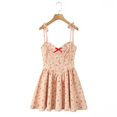 Orange Floral Print Bow  Tie Up Mini Dress
